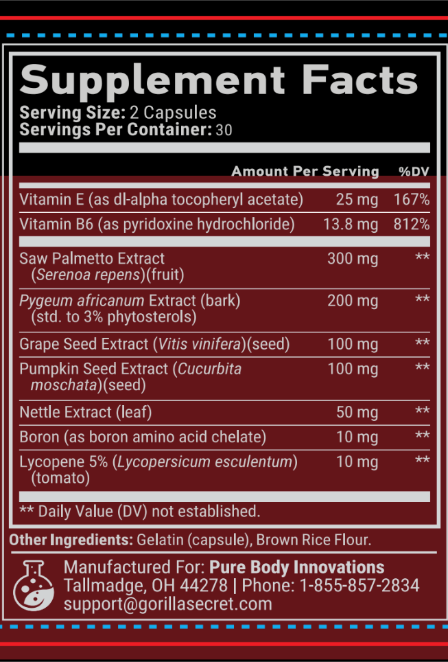 GorillaFlow All-Natural Prostate lowers prostate swelling, inflammation, enlargement, Insulin Resistance, Urgency, Frequency, Nocturia, improves urinary flow